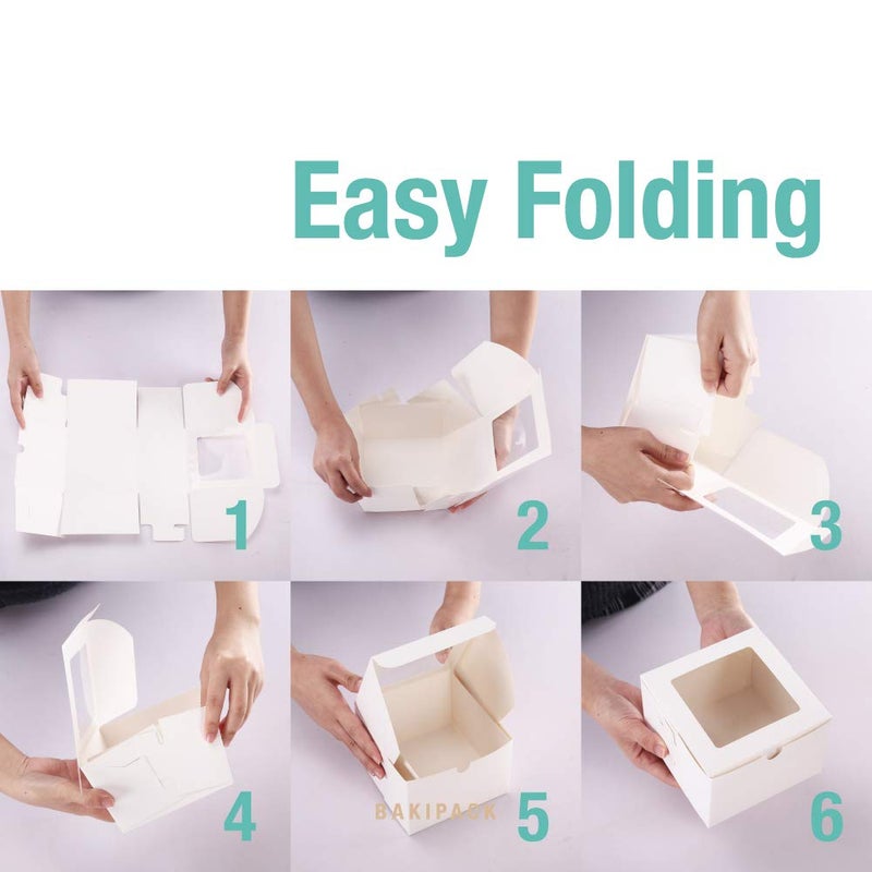 BAKIPACK 25 White Bakery Boxes with Window, 6x6x4 Inches Cake Boxes with Window, Treat Boxes for Small Bakery, Dessert, Candy, Cookies, Pastry, Party Favors, Wedding Cake - Image 5